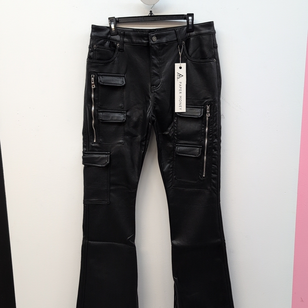 Paper Money Nightrider Leather Men's Bootcut Cargo Pants Size 38 Black
